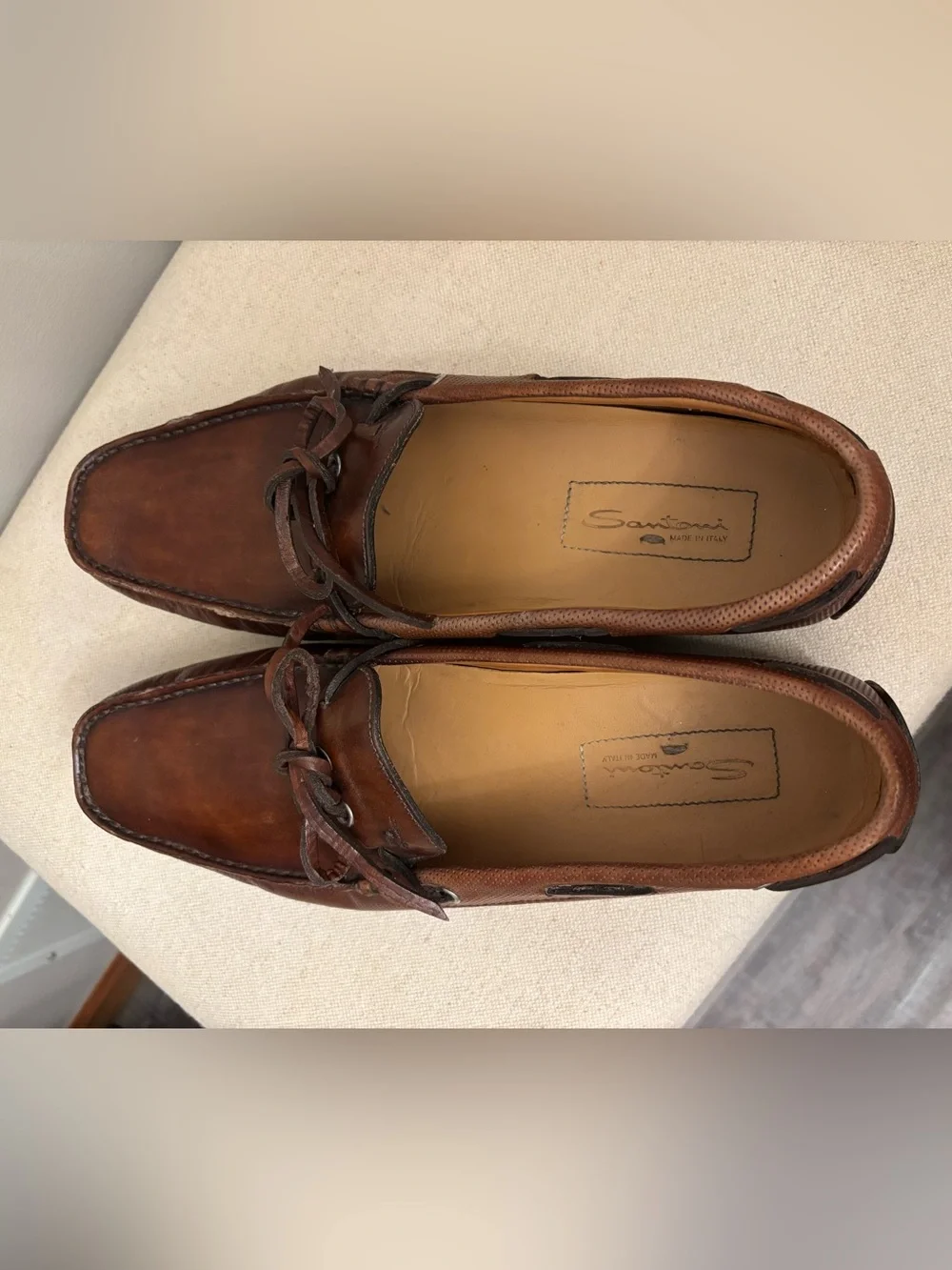 Santoni Men's Brown Leather Driving Shoes Loafers Lace Tie Moc Toe Size 9.5 D US